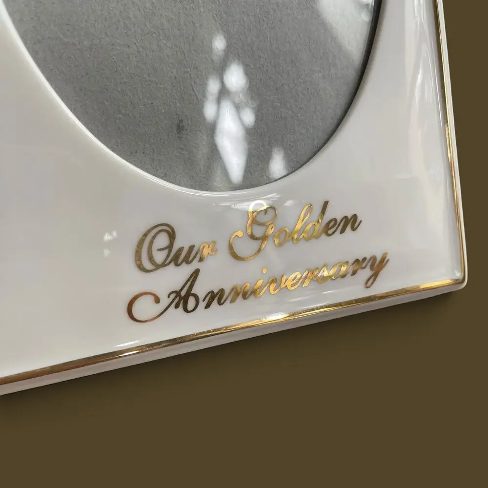 Vtg Porcelain 50th Wedding Anniversary 2 Picture Frame Golden Cream Ornate Russ